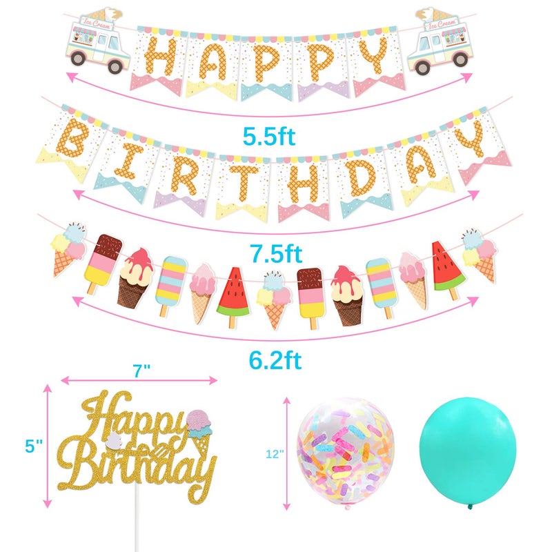 Marwey Ice Cream Birthday Banner and Cake Topper Summer Colorful Ice Cream Themed Kids Birthday Party Supplies - Image 4